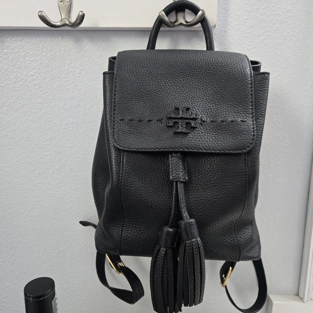 Tory Burch Mcgraw Black Leather Backpack with Tassel
